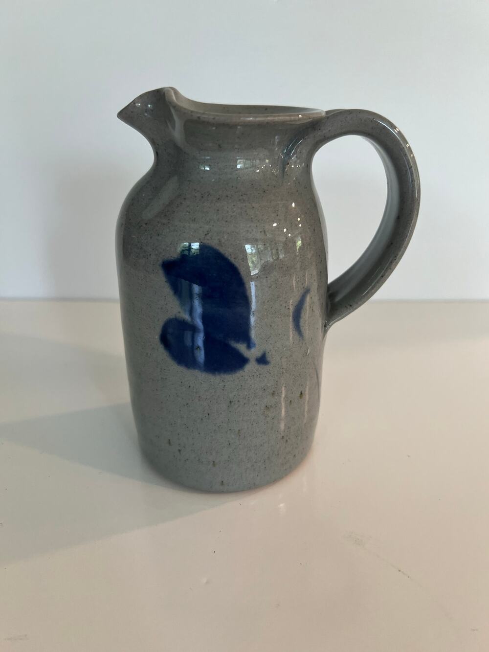 Hand Crafted Pottery Stoneware Blue & Gray Salt Glazed Pitcher Signed JL